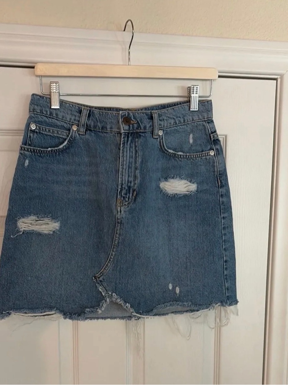 Free People Sz 28 Distressed Denim Mini Skirt